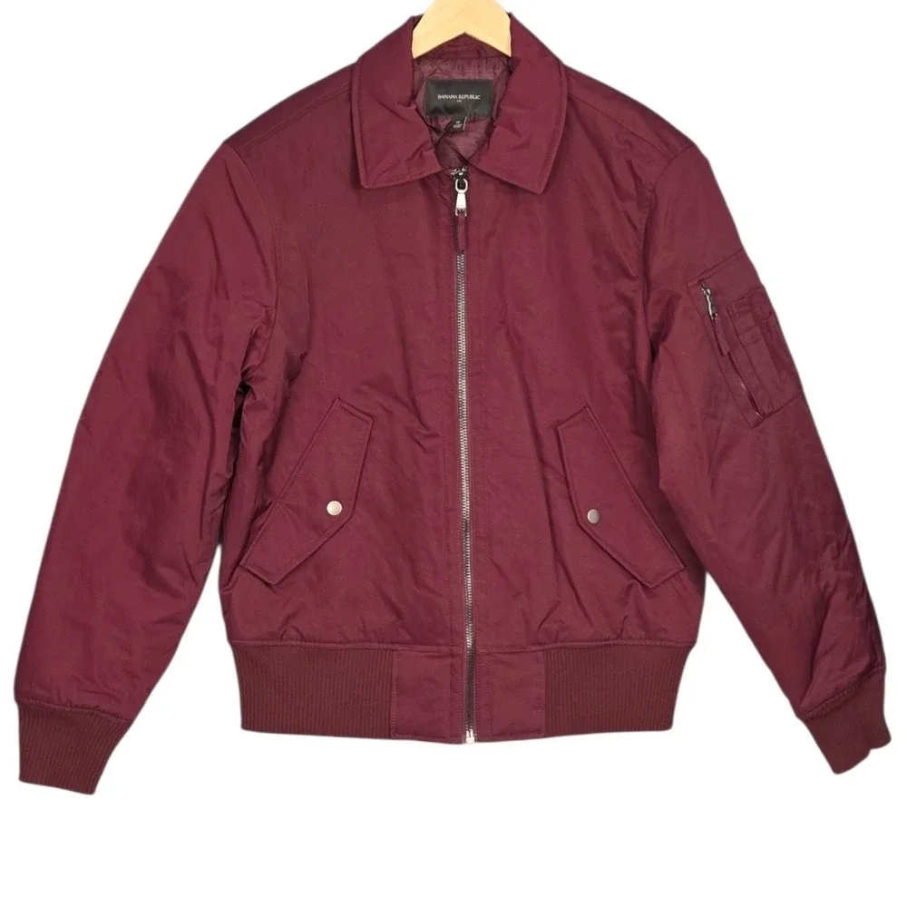 Banana Republic Flight Bomber Jacket Mens Medium Burgundy Quilted Lining Nylon